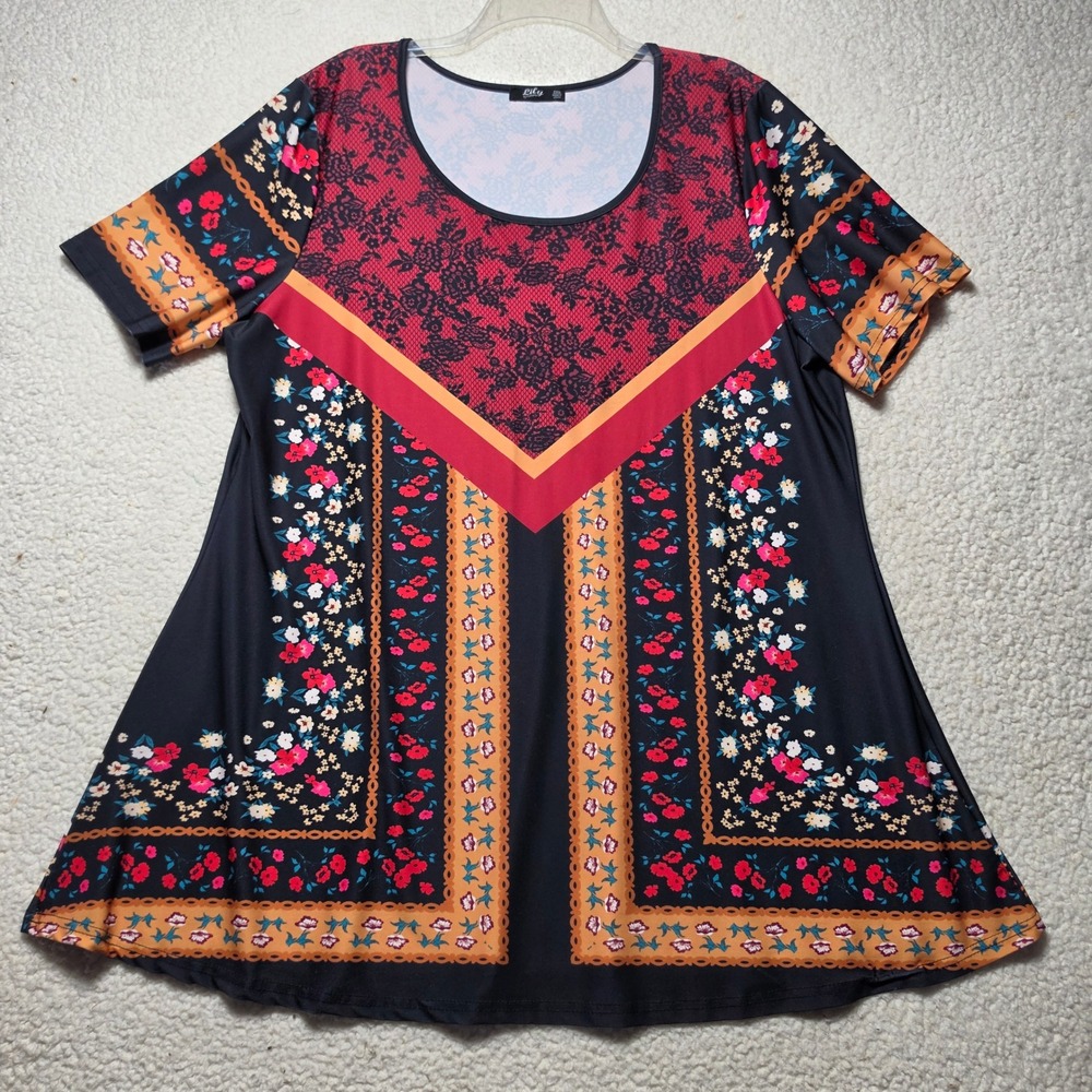 Lily by Firmiana Womens 2XL Floral Lace Print Tunic Top Short Sleeve Black Red